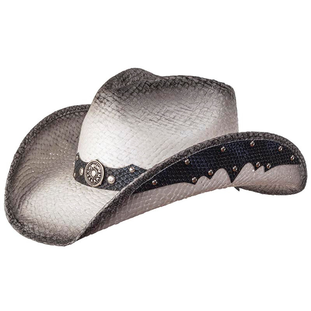 WE LIN-105 Straw Western Pinch Front Hat with Grey Trim, Sunburst Concho Hat Band, & Leather Sides