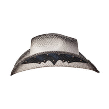 Load image into Gallery viewer, WE LIN-105 Straw Western Pinch Front Hat with Grey Trim, Sunburst Concho Hat Band, &amp; Leather Sides
