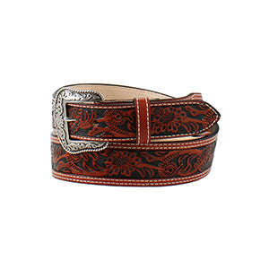 M&F Nocona Black & Chestnut Belt 1 3/4" - 1 1/2" Floral Embossed N2496908