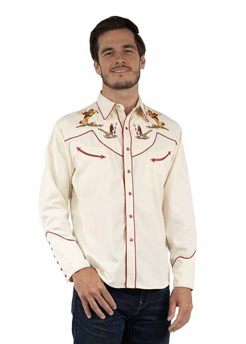 Scully P-928 Cream Cattle Roper Mens Retro Western Shirt