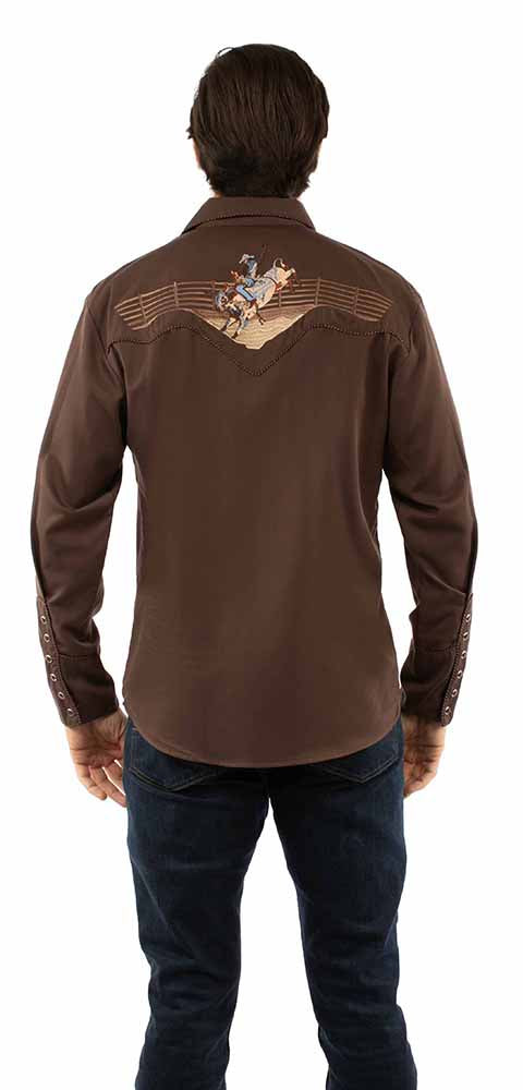 Scully P-931 in Brown with Bronco Embroidery Design Mens Retro Western Shirt