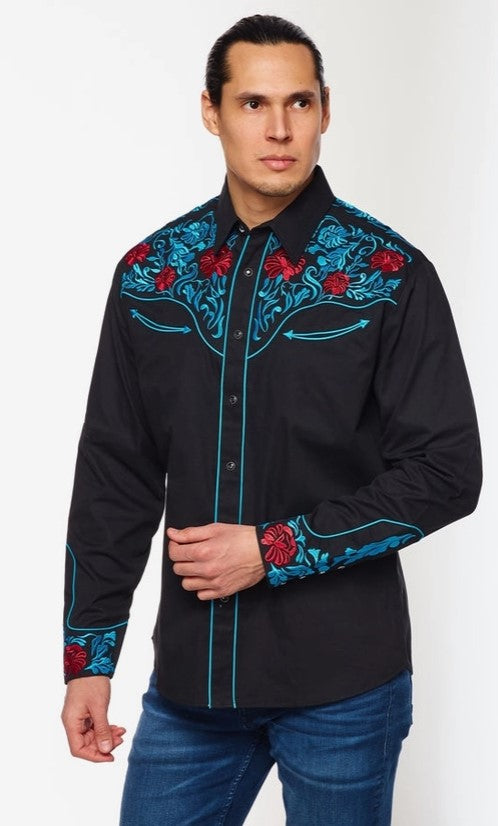 Rodeo Clothing Mens Western Embroidery Shirt PS500L-5553 Black with Scroll Design