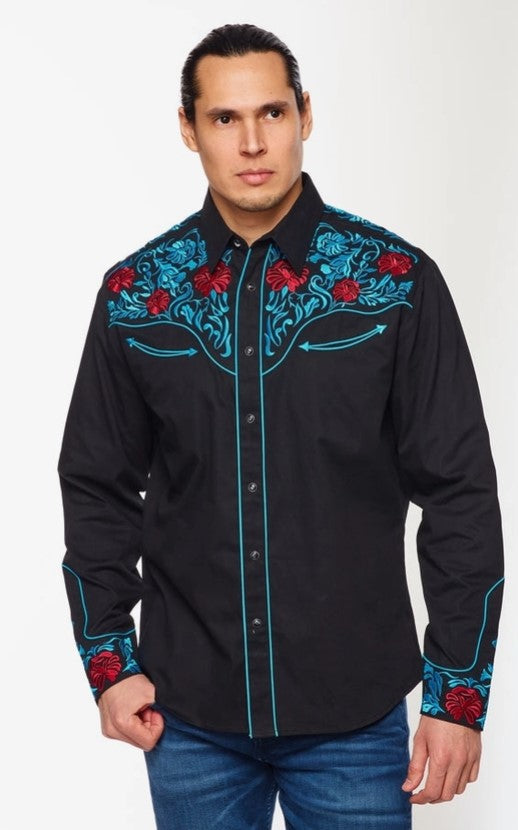 Rodeo Clothing Mens Western Embroidery Shirt PS500L-5553 Black with Scroll Design