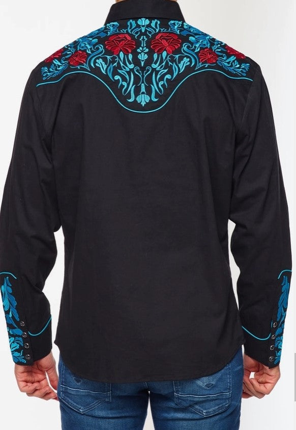 Rodeo Clothing Mens Western Embroidery Shirt PS500L-553 Black with Scroll Design