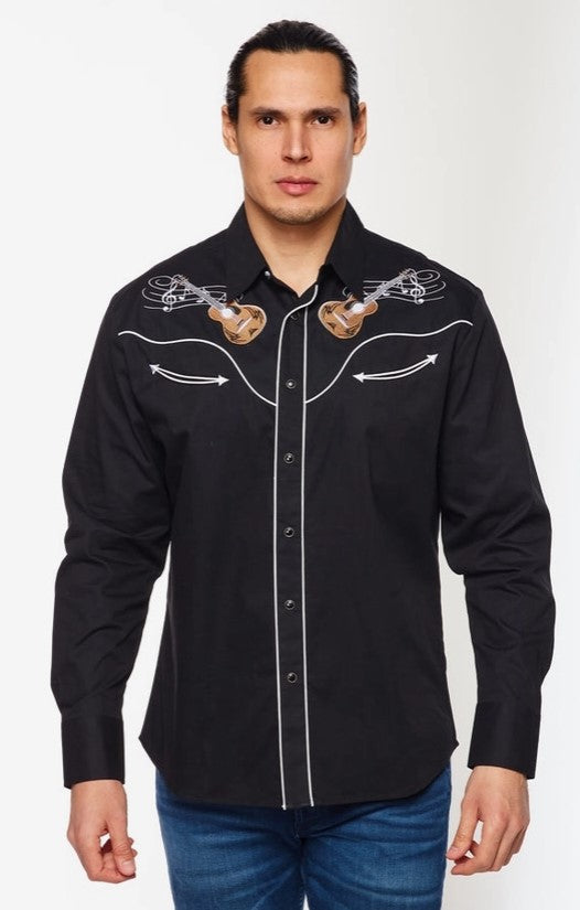 Rodeo Clothing Mens Western Embroidery Shirt PS500L-558 Black with Guitars