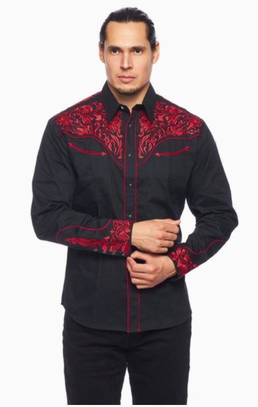 Rodeo Clothing Men's Western Embroidery Shirt PS500L-563 Red Embroidery