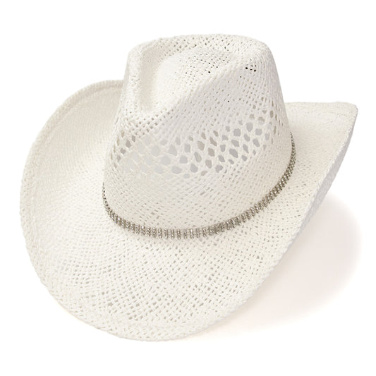 RA-311WHT Hat in White Twisted Straw Western Pinch Front Hat with Rhinestone Hat Band