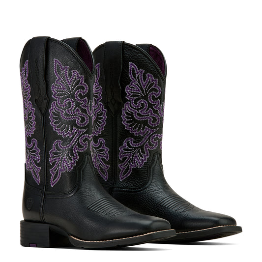 Ariat Ladies 10061222 Round Up Wide Square Toe Stretch Fit Western Boots in Black DeerTan