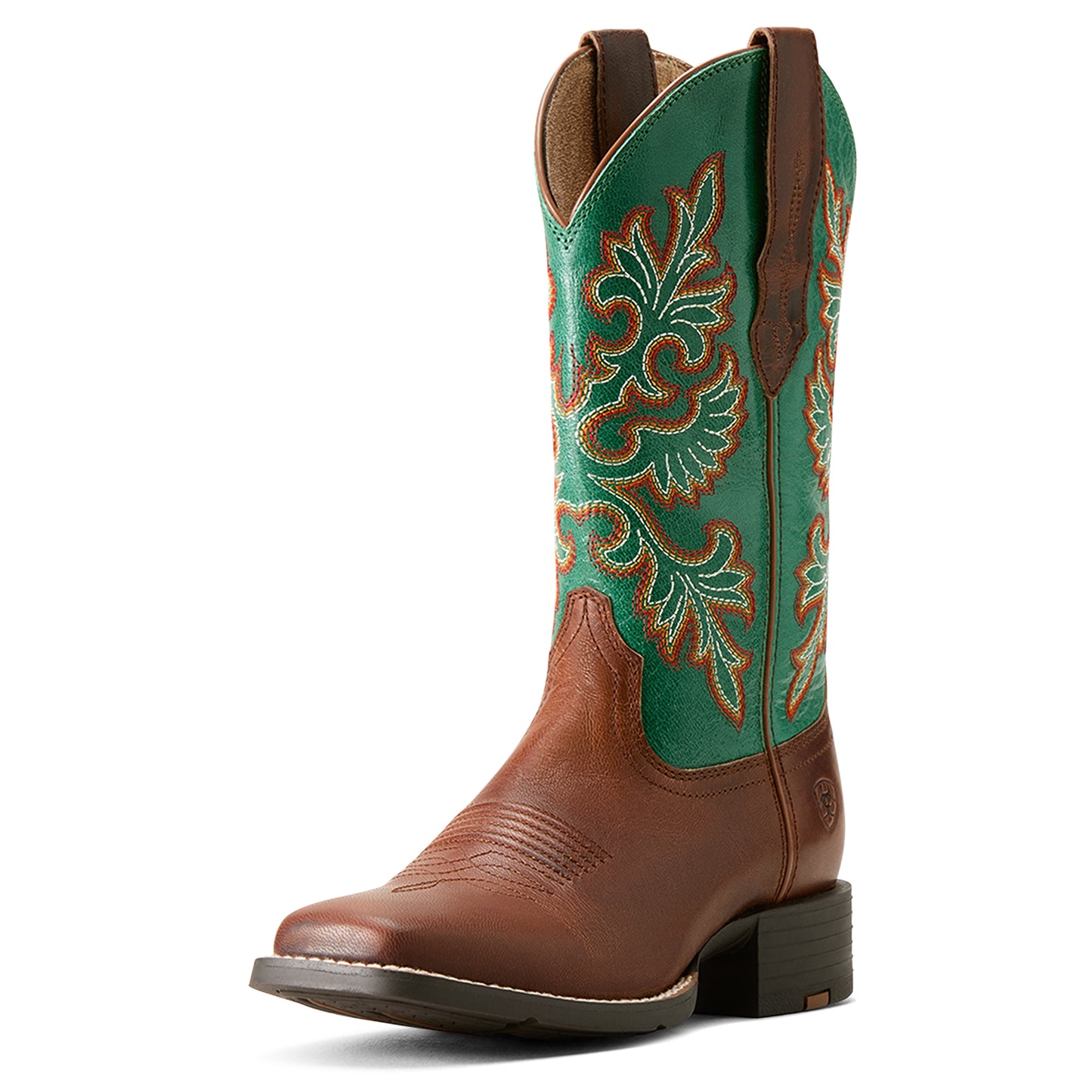 Ariat Ladies 10061223 Round Up Wide Square Toe Stretch Fit Western Boots in Arizona Brown & Jade