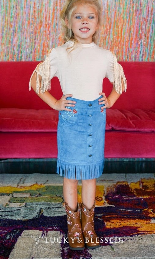Lucky & Blessed Girls Light Blue Suede Floral Western Fringe Skirt SK012-G-LBL