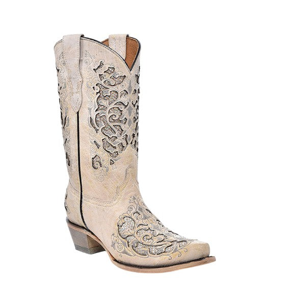 Corral Teens T0021 White Glitter inlay Cowboy Boots