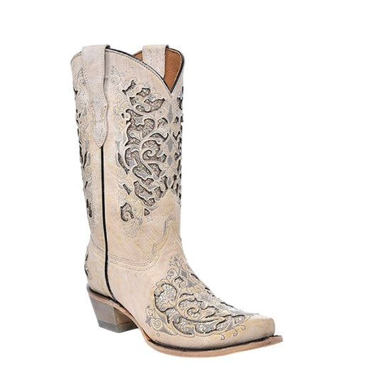 Corral Teens T0021 White Glitter inlay Cowboy Boots