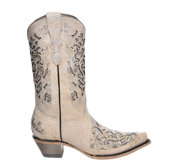 Corral Teens T0021 White Glitter inlay Cowboy Boots