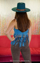 Load image into Gallery viewer, Lucky &amp; Blessed Teal Studded Spaghetti Suede Crop Top With Fringe TO156-TL
