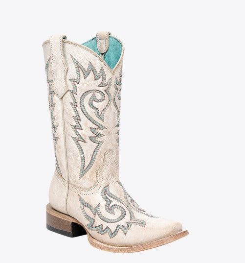 Corral Teens T0237 Bone Flames Embroidered Square Toe Western Boots