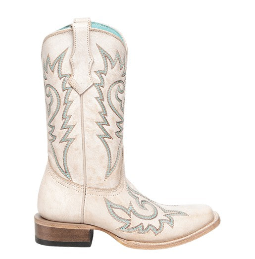 Corral Teens T0237 Bone Flames Embroidered Square Toe Western Boots