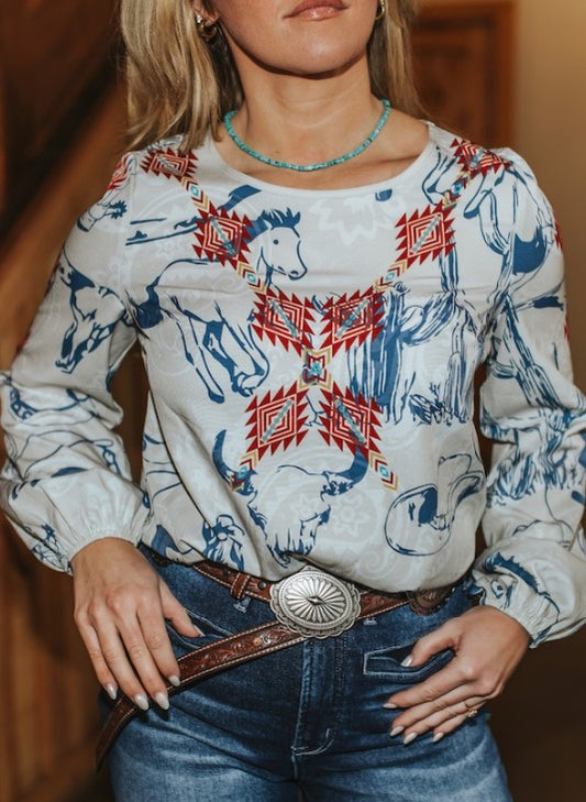 Lucky & Blessed Ivory Western Printed Long Sleeve Elastic Cuff Top T0912-BE