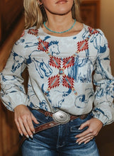 Load image into Gallery viewer, Lucky &amp; Blessed Ivory Western Printed Long Sleeve Elastic Cuff Top T0912-BE
