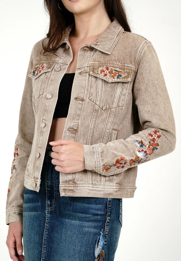 Grace Floral Embroidered Camel Colour Women's Denim Jacket TES778