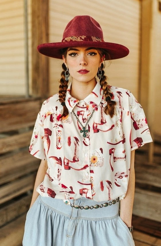 Lucky & Blessed Beige Floral Boot Printed Button Down Top TO620-BTS