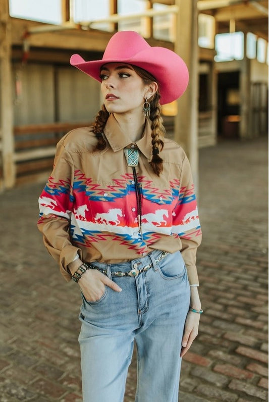 Lucky & Blessed Plus Size Mocha Pink Horse Aztec Printed Button Down Top TO646-BRHRS