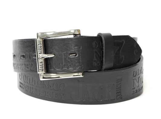XM-151JD Black Leather Belt Contemporary Pattern Embossed Gunmetal Silver Plated Jack Daniel's Buckle
