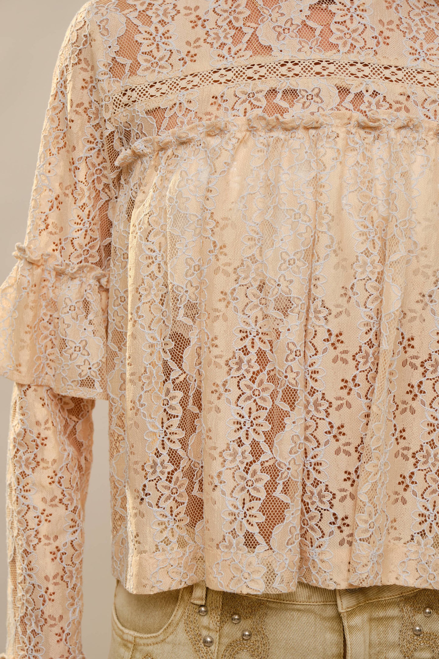 99713T - Long Sleeve High Neck Lace Top in Beige