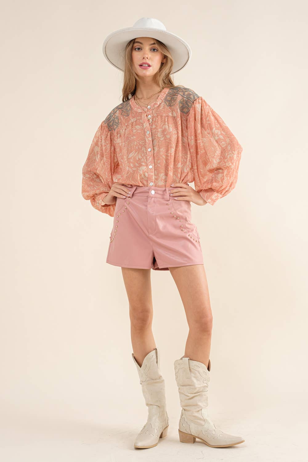 32903T - Chiffon Floral Embroidered Shoulder Blouse in Blue