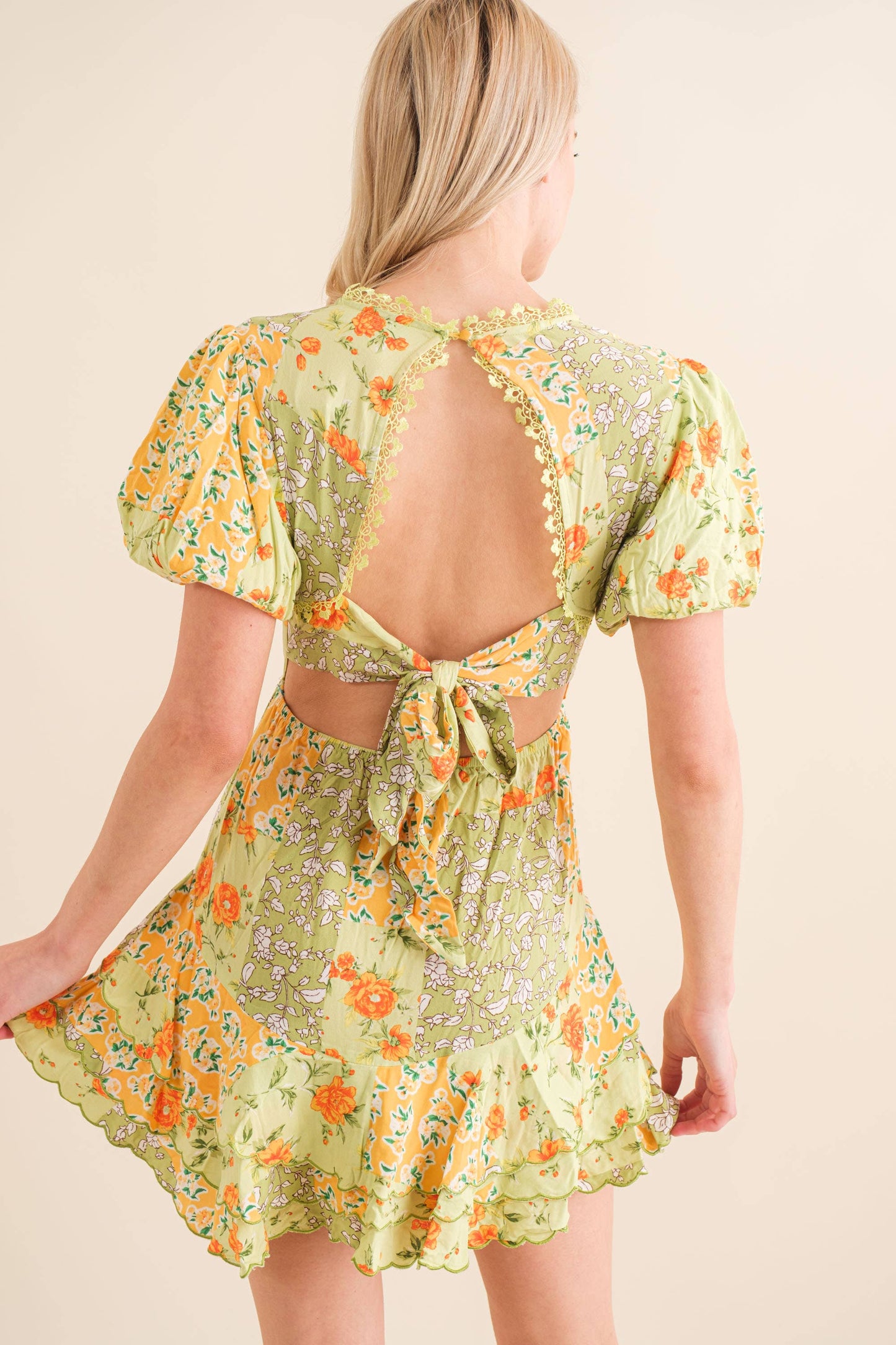 Blue B 32880D - Tiered Scallop Hem Mini Dress in Yellow/Green