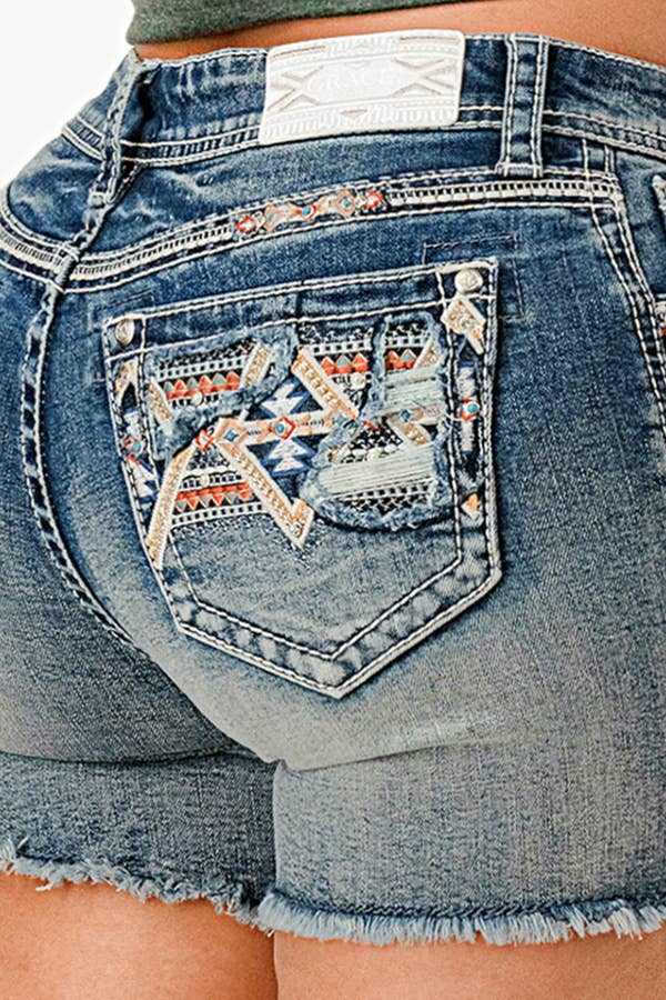 Grace In LA aztec Embroidery Modify Mid Rise Shorts 5