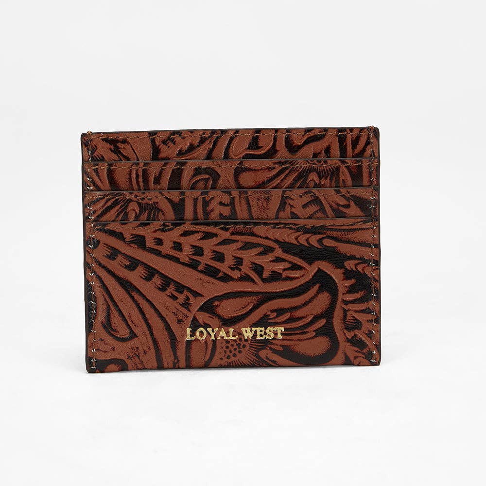Myra Loyal West Shell Card Holder  In Hand Finished Embossed Leather Brown: Single