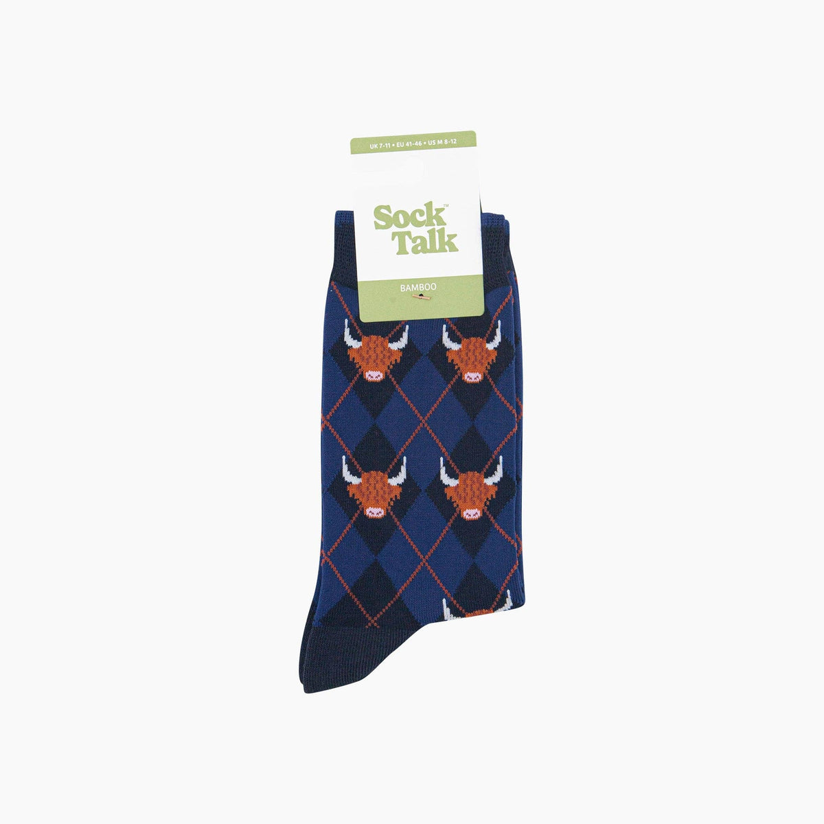 Sock Talk Highland Cow Argyle Men's Bamboo Socks in Navy Blue