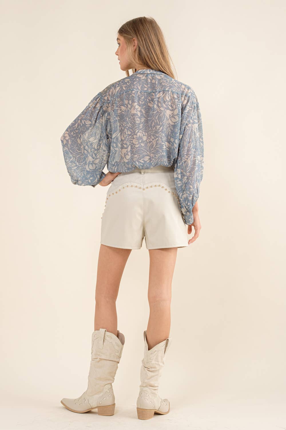 32903T - Chiffon Floral Embroidered Shoulder Blouse in Blue