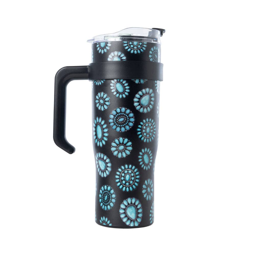 Myra S-14767 Concho Crest Western Tooled Tumbler in Black Stainless Steel with Leather Wrap and Handle: WITH TOOLING