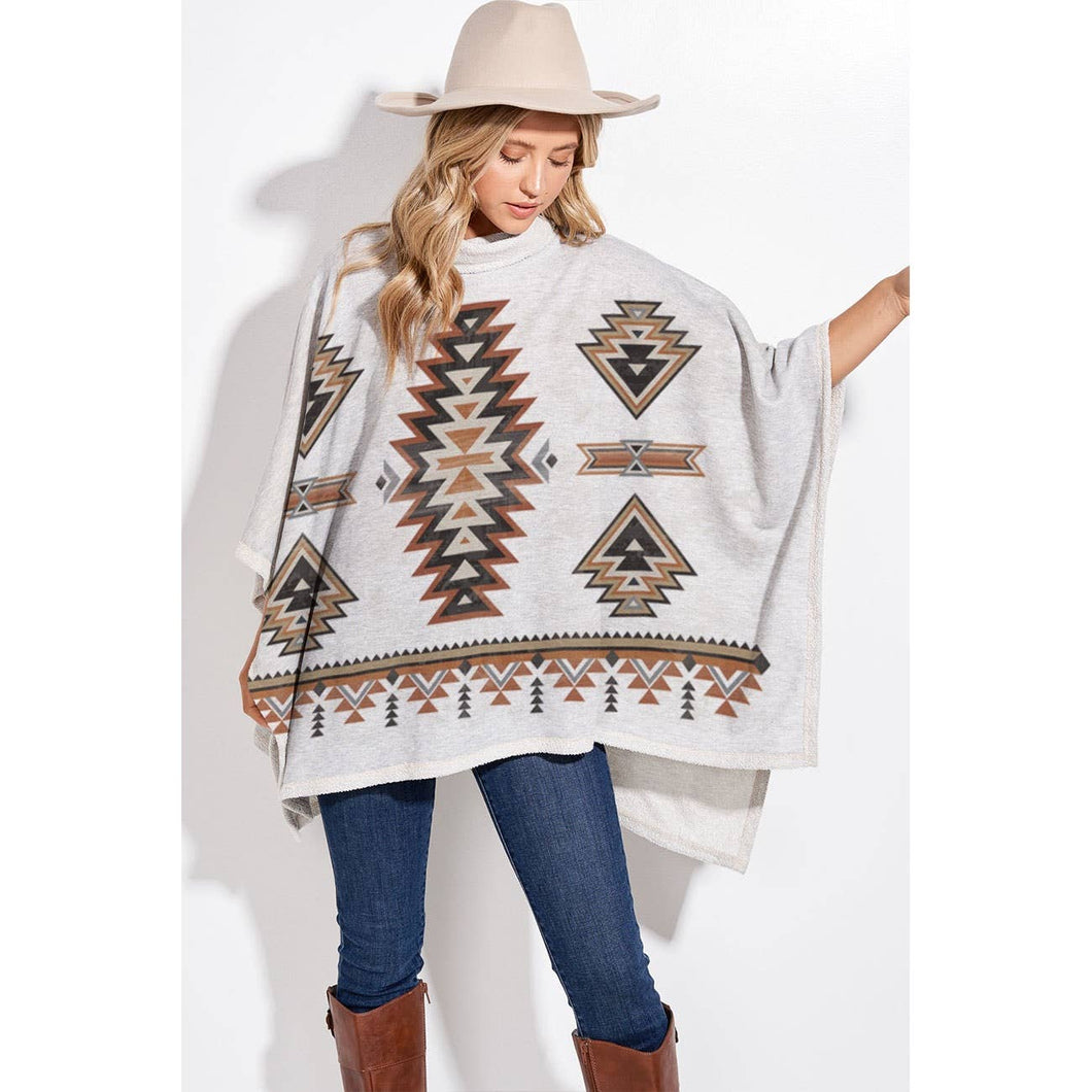 Aztec print turtle neck poncho in Heather Grey T773S2113