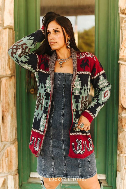 Burgundy Multi Aztec Knitted Cardgian Sweater JO320