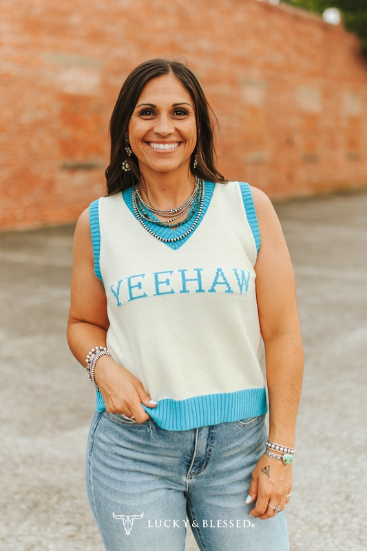 Ivory Teal Yeehaw Knit Sleeveless Sweater JO396