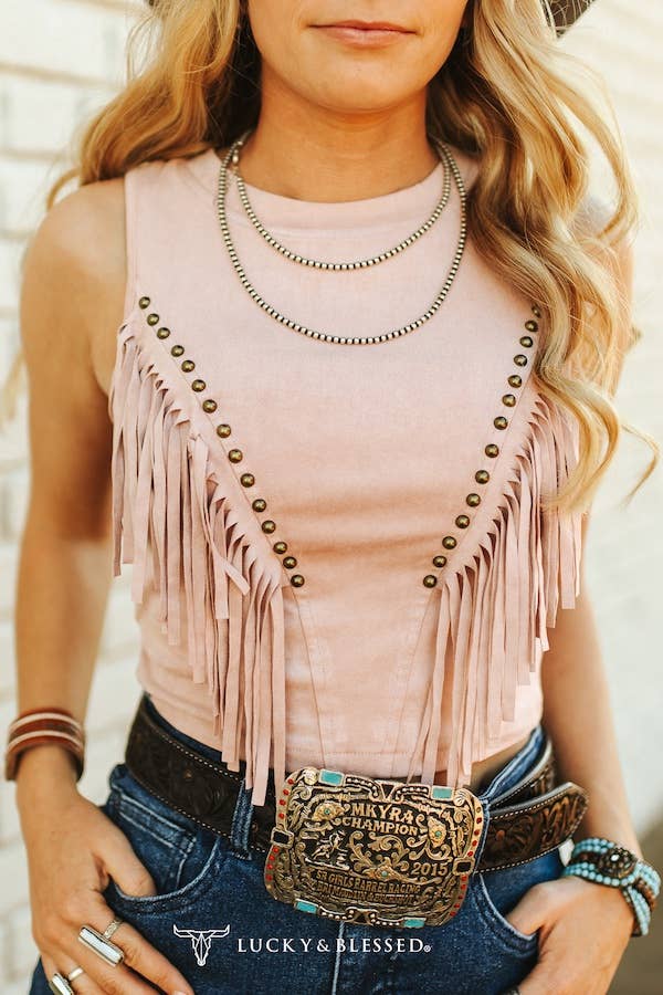 Lucky & Blessed Soft Pink Suede Front Arch Fringe Top TO894SPK
