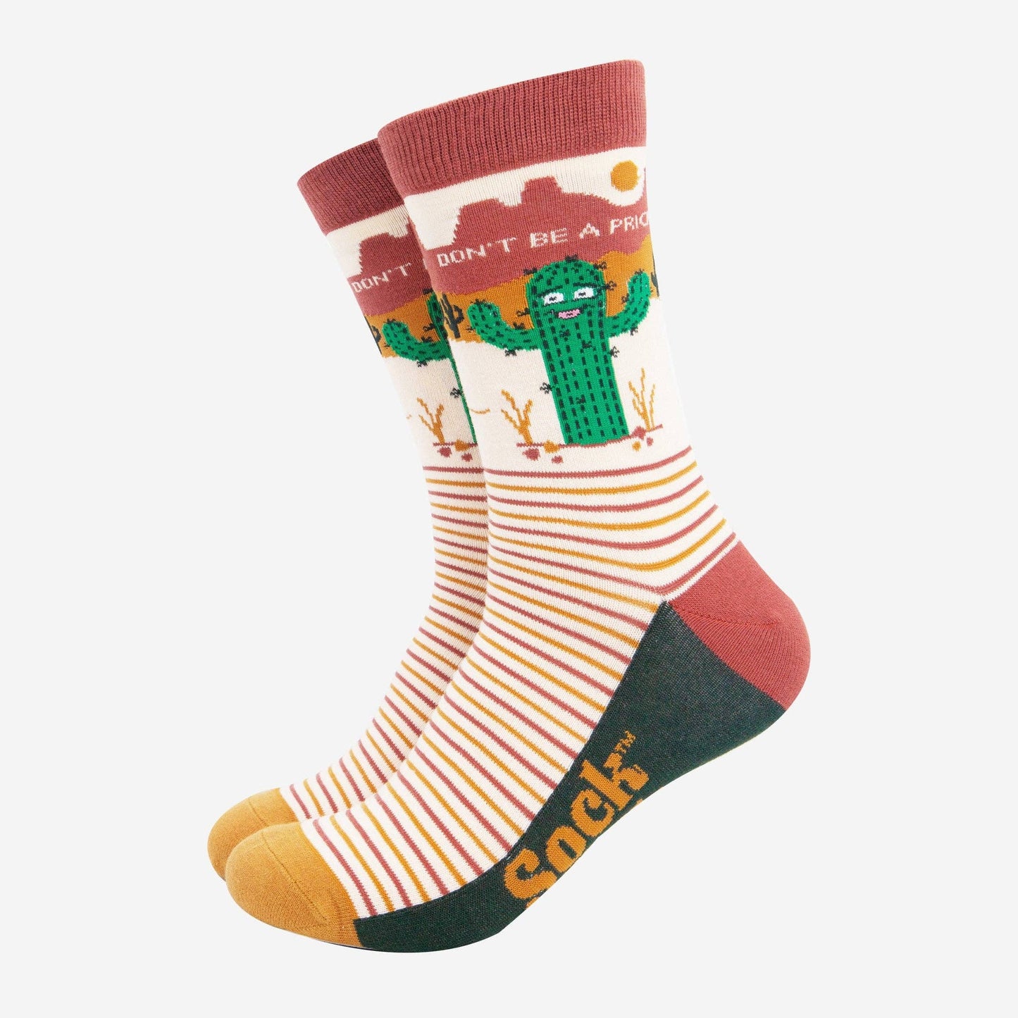 Sock Talk Men's Combed Cotton Crew Socks- Cream, Prickly Cactus