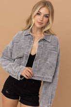 Load image into Gallery viewer, Blue B 17550J - Washed Corduroy Oversized Rhinestone Fringe Jacket in Grey
