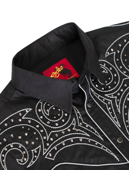 Men's Western Cowboy diamond studded Embroidery Shirt: PS500D-1001 Black with White