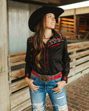 Load image into Gallery viewer, Lucky &amp; Blessed Black Aztec Embroidered Western Yoke Pearl Snap Top TO865-BLK

