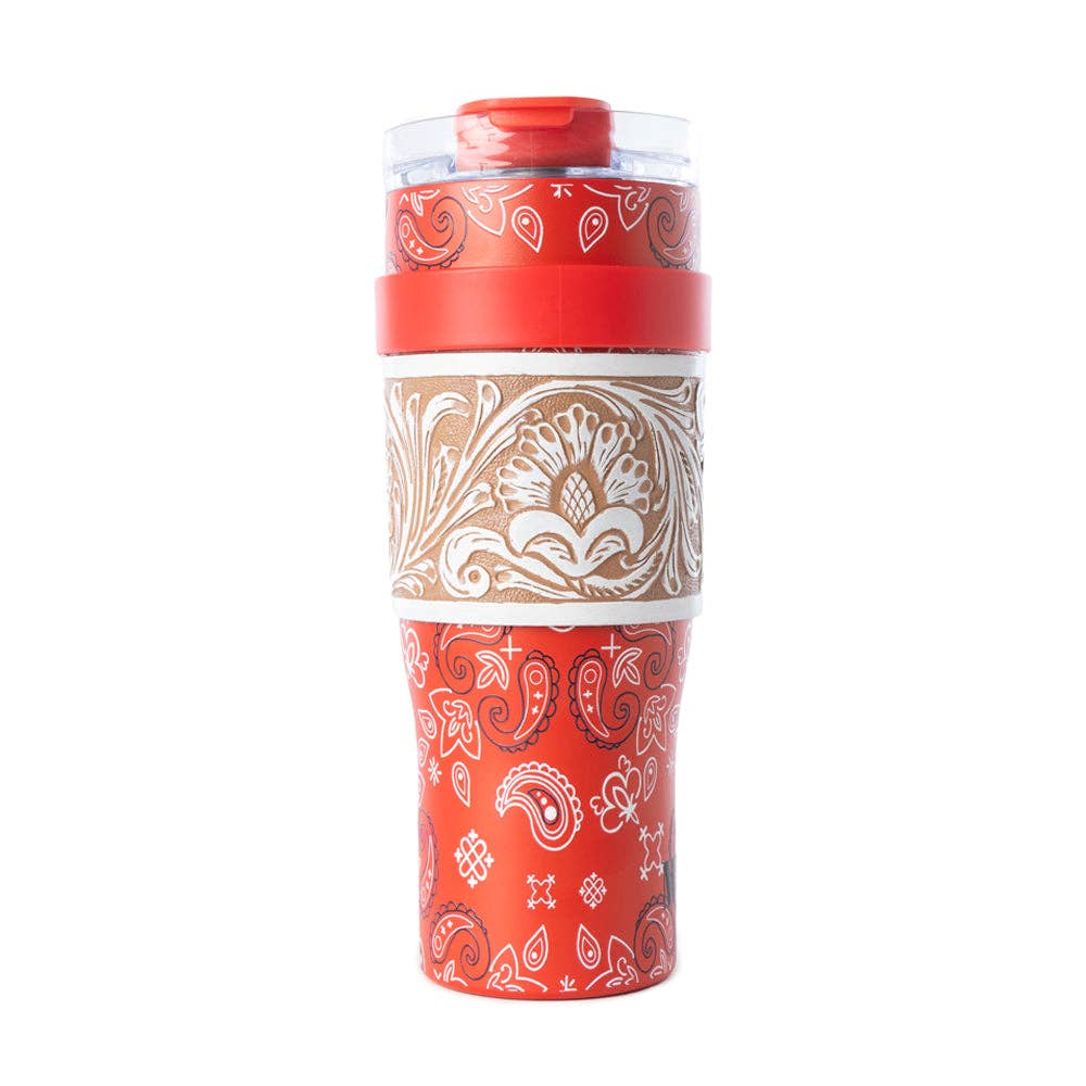 Myra Bandana Tooled Western Tumbler in Red Stainless Steel with Handtooled Leather and Handle for Use: WITH TOOLING