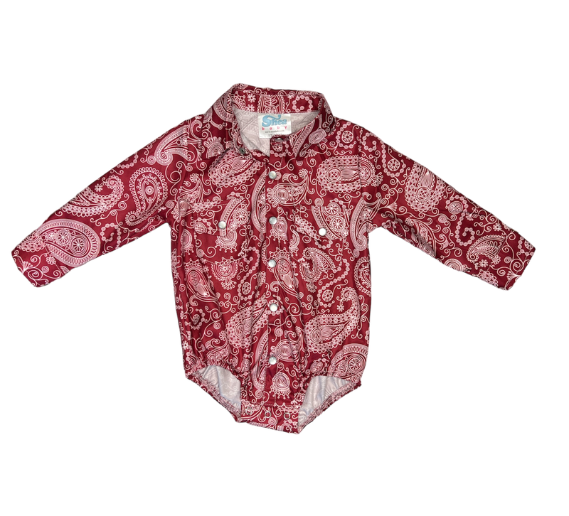 Maroon Paisley LS Pearl Snap Onesie SNAP16