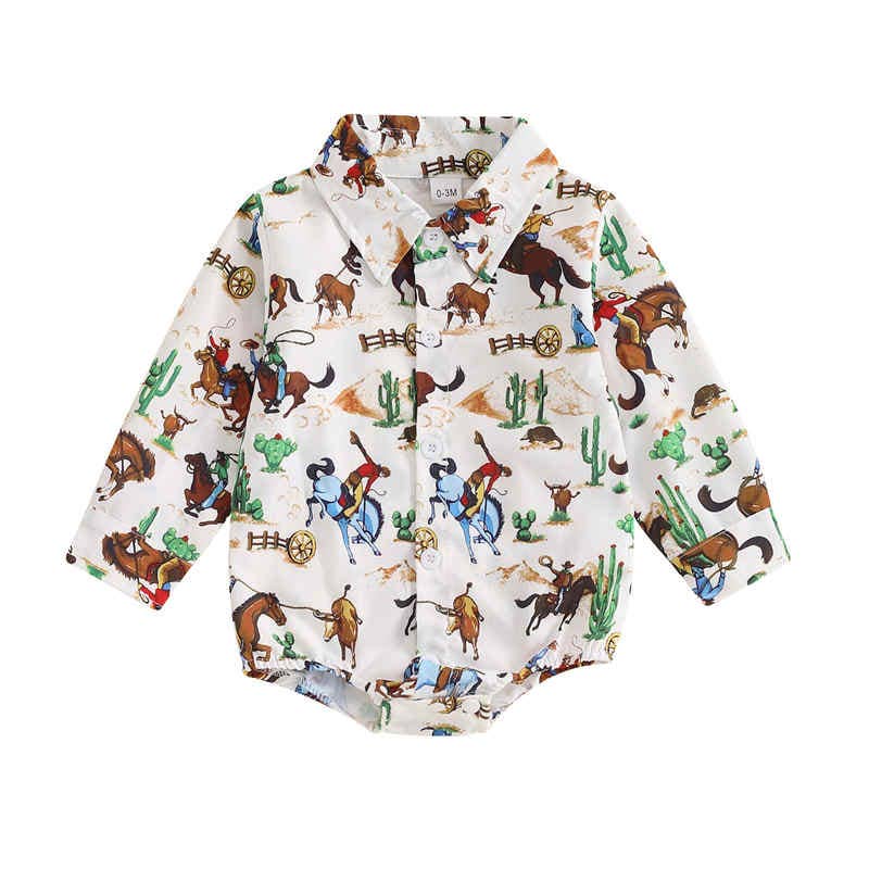 Lapel Long Sleeve Baby One-Piece Shirt/Romper Blue Horses