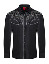 Load image into Gallery viewer, Men&#39;s Western Cowboy diamond studded Embroidery Shirt: PS500D-1001 Black with White
