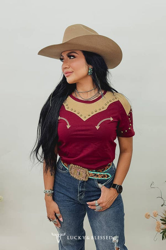 Lucky & Blesses TO1664-S-BRGBR Burgundy Western Yoke Studded Contrast Top