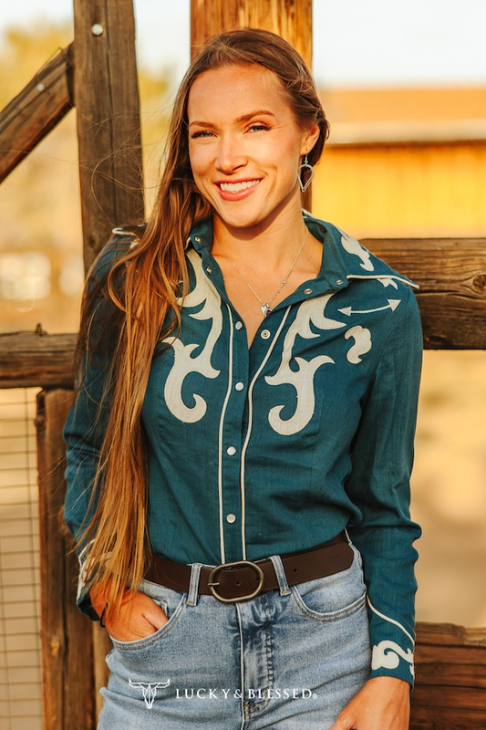 Teal Ivory Patch Boot Stitch Contrast Piping Shirt TO938-TL