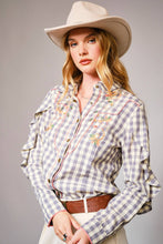 Load image into Gallery viewer, Blue B 23566T - Gingham Embroidered Western Snap Blouse: GREY
