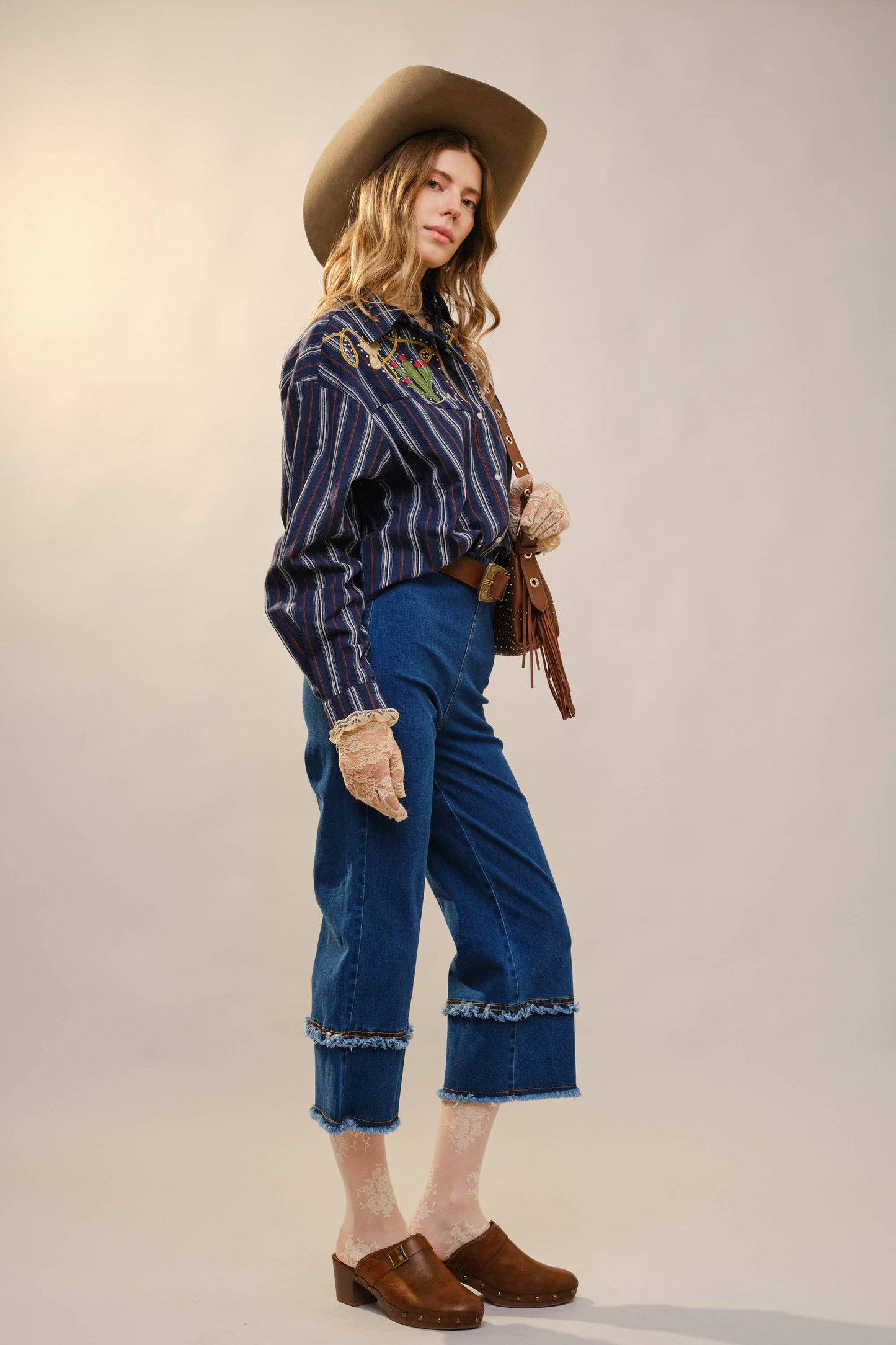 Blue B 36989T Embroidered Western Yoke Striped Shirt in Navy